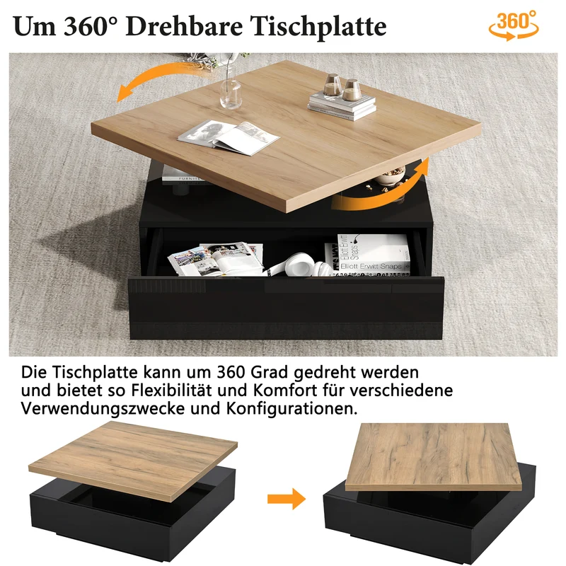 Table basse carrée effet bois et noir pivotante 360° 2 niveaux, design moderne 70x70cm AFTERFEATHER