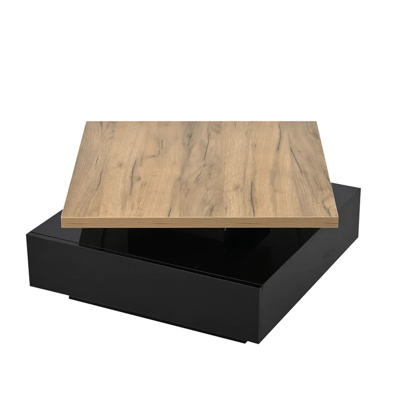 Table basse carrée effet bois et noir pivotante 360° 2 niveaux, design moderne 70x70cm AFTERFEATHER