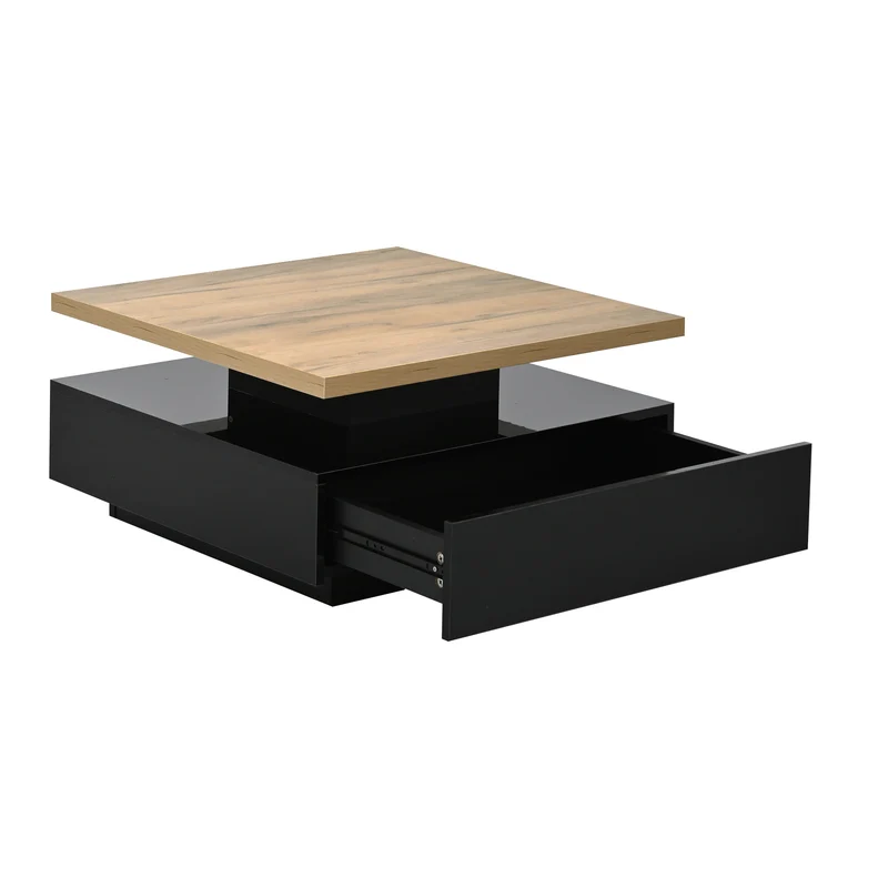 Table basse carrée effet bois et noir pivotante 360° 2 niveaux, design moderne 70x70cm AFTERFEATHER