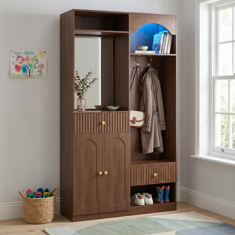 Vestiaires à l'entrée effet noyer avec miroir et éclairage LED accent doré ELEGANT WALL SET