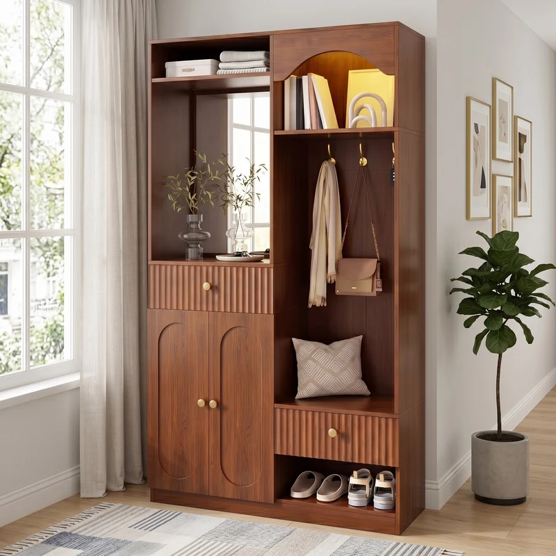 Vestiaires à l'entrée effet noyer avec miroir et éclairage LED accent doré ELEGANT WALL SET
