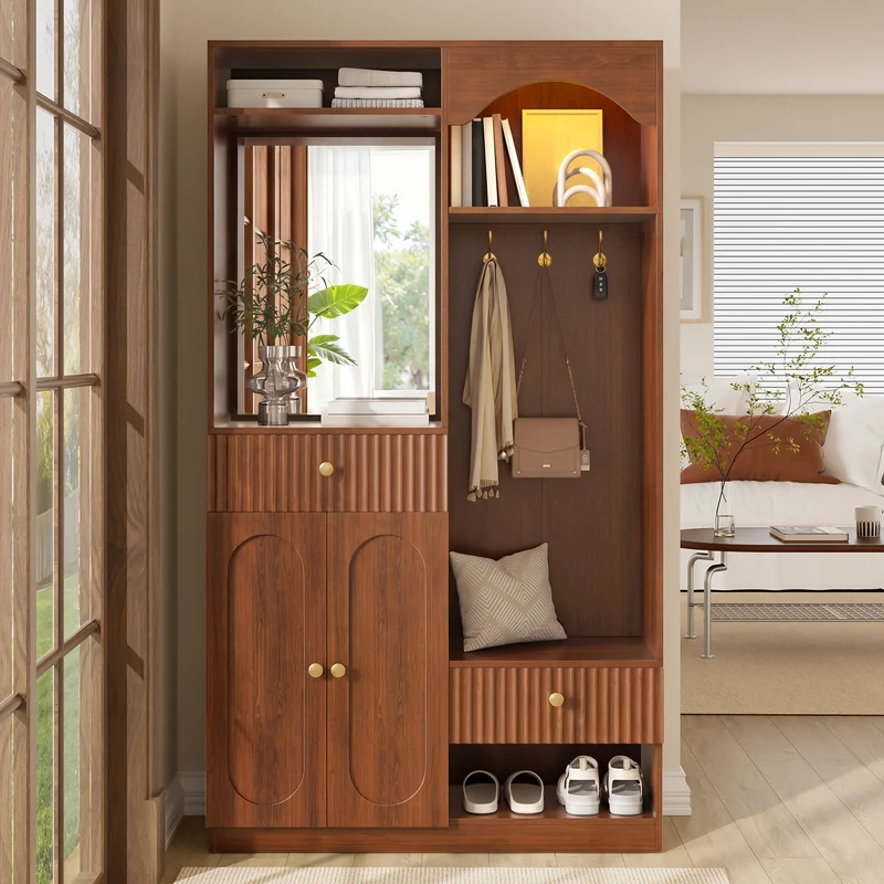Vestiaires à l'entrée effet noyer avec miroir et éclairage LED accent doré ELEGANT WALL SET