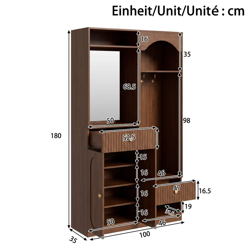 Vestiaires à l'entrée effet noyer avec miroir et éclairage LED accent doré ELEGANT WALL SET