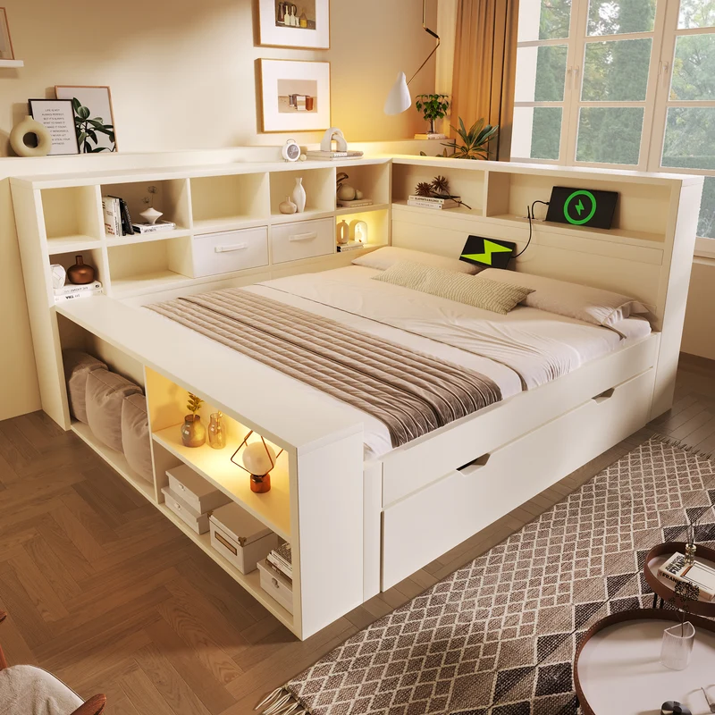 Lit gigogne 140x200cm blanc avec rangement et USB SCANDINAVIANFLOOR