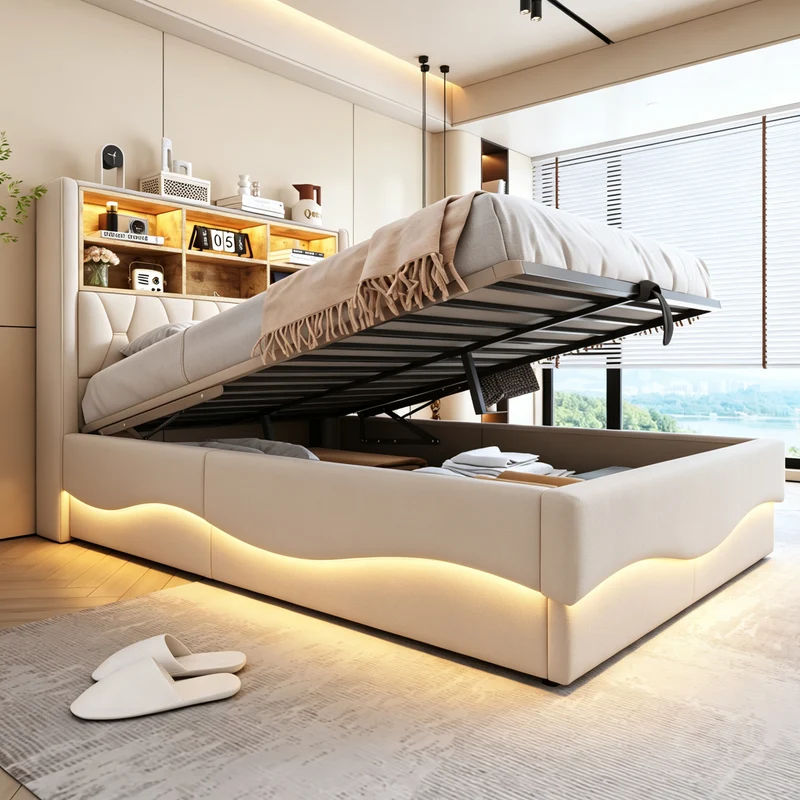Lit coffre 140x200cm beige en lin avec LED, USB et sommier métal RUSTICPLUS