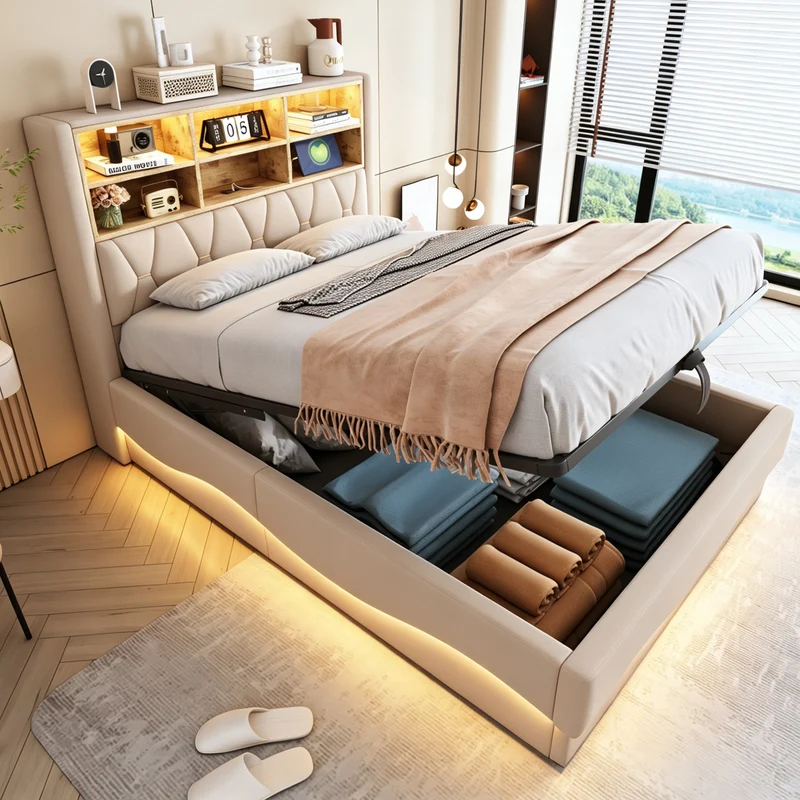 Lit coffre 140x200cm beige en lin avec LED, USB et sommier métal RUSTICPLUS