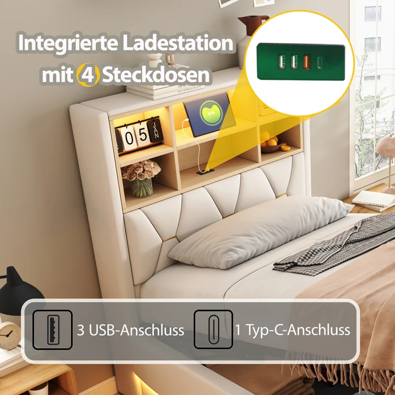 Lit coffre 140x200cm beige en lin avec LED, USB et sommier métal RUSTICPLUS