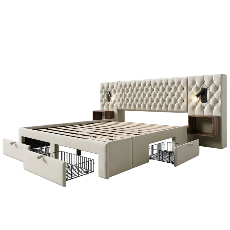 Lit capitonné en velours beige 180x200cm tiroirs rangement avec chevets, LED et USB RUSTICSHELF