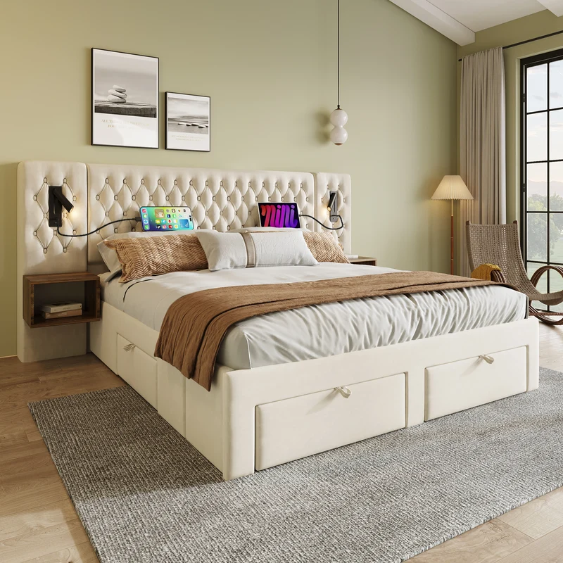 Lit capitonné en velours beige 180x200cm tiroirs rangement avec chevets, LED et USB RUSTICSHELF