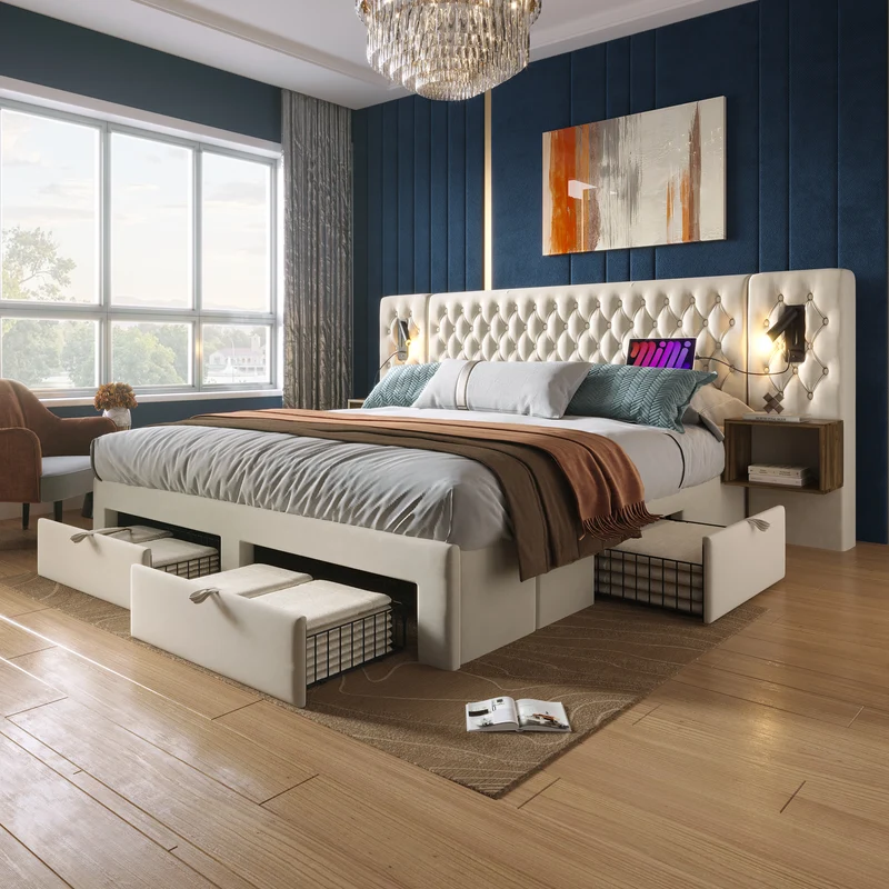 Lit capitonné en velours beige 180x200cm tiroirs rangement avec chevets, LED et USB RUSTICSHELF