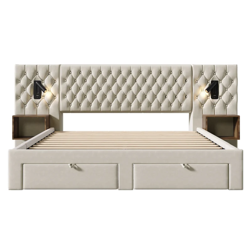 Lit capitonné en velours beige 180x200cm tiroirs rangement avec chevets, LED et USB RUSTICSHELF