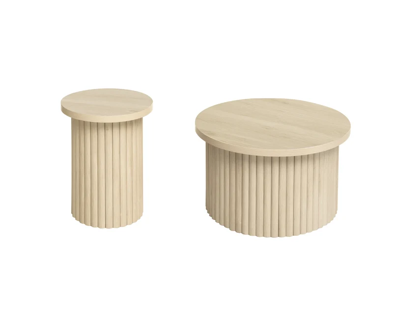 Ensemble de 2 tables basses gigognes rondes effet grain de bois clair FIBROIN