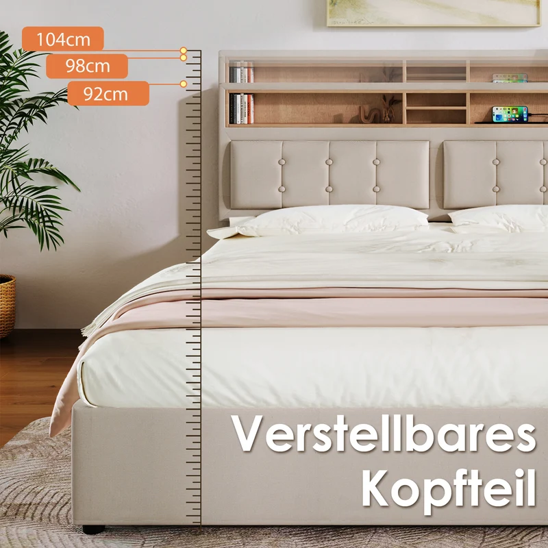 Ensemble lit coffre double rembourré avec tête de lit réglable, prise USB et coffre de lit (matelas non inclus) ANTIGEN