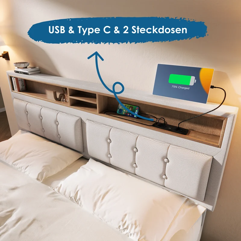 Ensemble lit coffre double rembourré avec tête de lit réglable, prise USB et coffre de lit (matelas non inclus) ANTIGEN