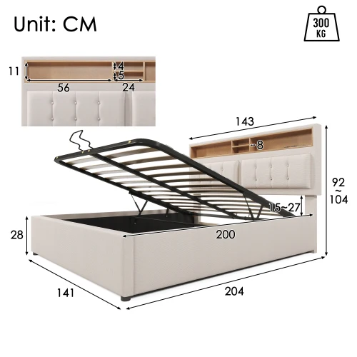 Ensemble lit coffre double rembourré avec tête de lit réglable, prise USB et coffre de lit (matelas non inclus) ANTIGEN