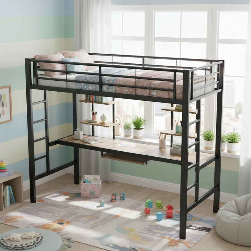 Lit mezzanine simple métal noir avec bureau et étagères 2 cotés 90x200cm INFINITEVORTEX