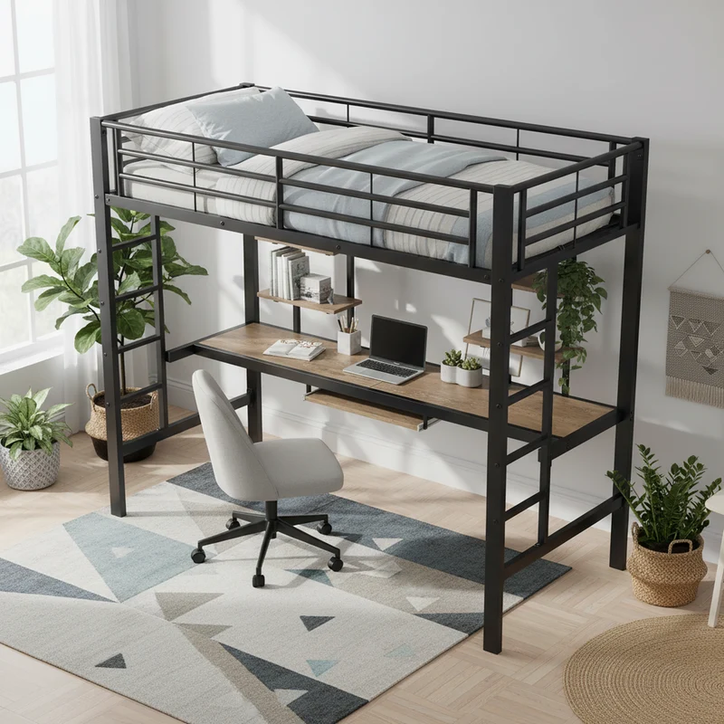 Lit mezzanine simple métal noir avec bureau et étagères 2 cotés 90x200cm INFINITEVORTEX