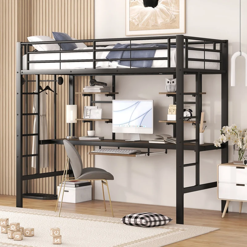Lit mezzanine simple métal noir avec bureau et étagères 2 cotés 90x200cm INFINITEVORTEX