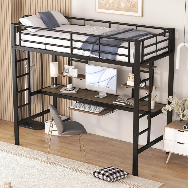 Lit mezzanine simple métal noir avec bureau et étagères 2 cotés 90x200cm INFINITEVORTEX