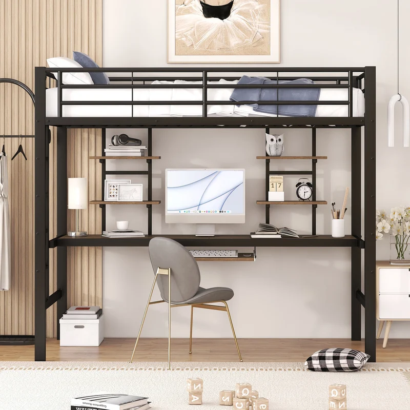 Lit mezzanine simple métal noir avec bureau et étagères 2 cotés 90x200cm INFINITEVORTEX