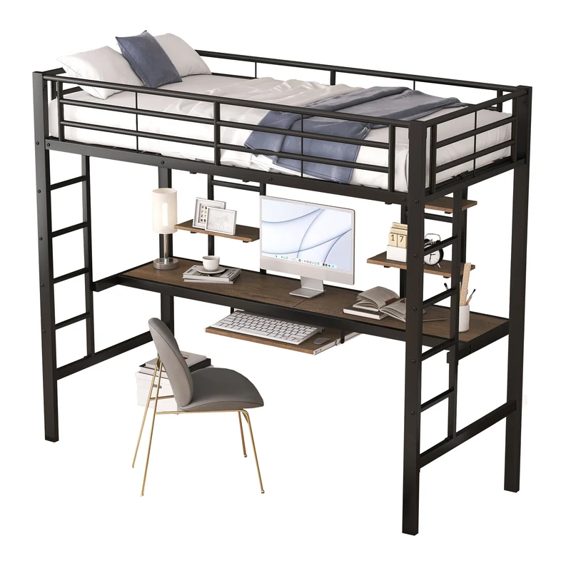 Lit mezzanine simple métal noir avec bureau et étagères 2 cotés 90x200cm INFINITEVORTEX