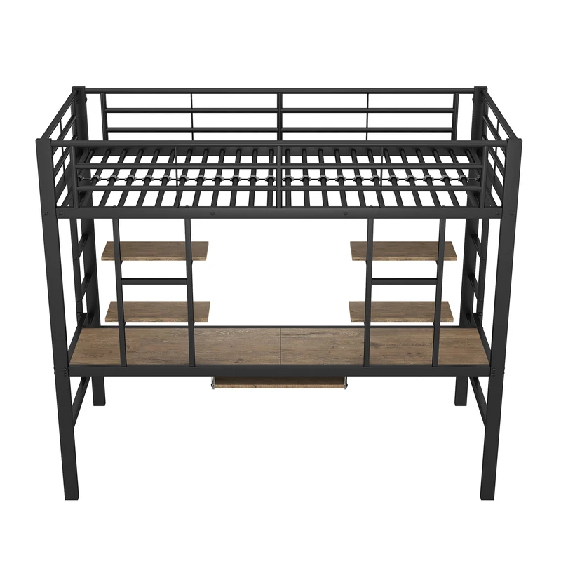 Lit mezzanine simple métal noir avec bureau et étagères 2 cotés 90x200cm INFINITEVORTEX