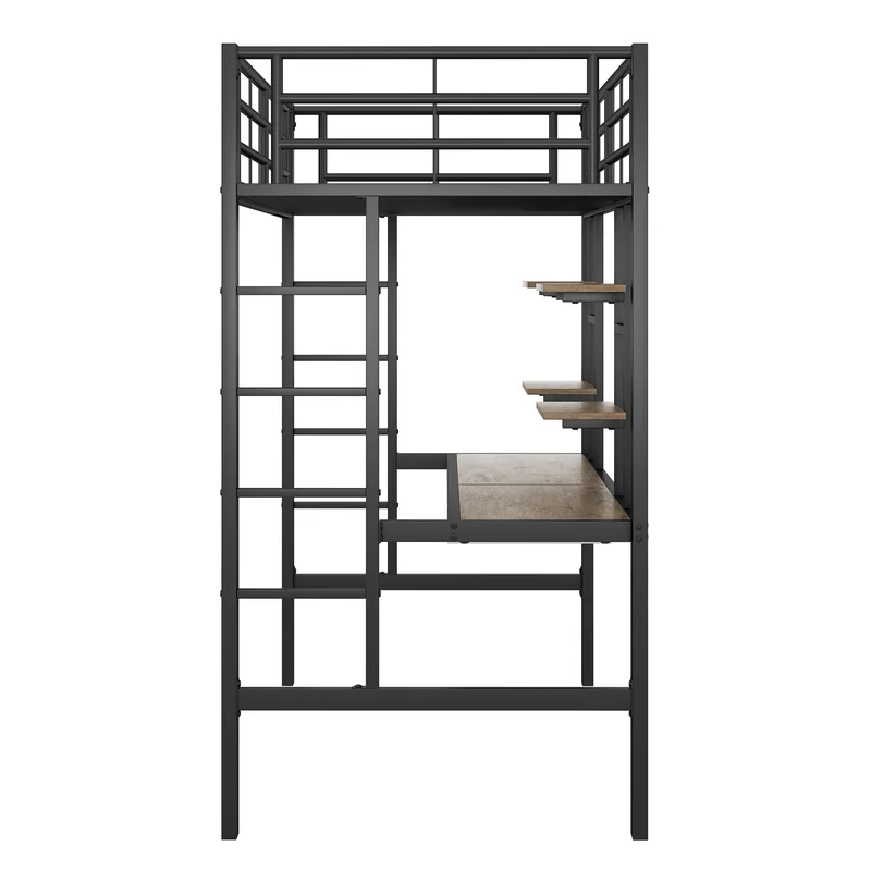 Lit mezzanine simple métal noir avec bureau et étagères 2 cotés 90x200cm INFINITEVORTEX