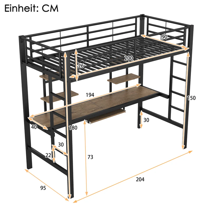 Lit mezzanine simple métal noir avec bureau et étagères 2 cotés 90x200cm INFINITEVORTEX