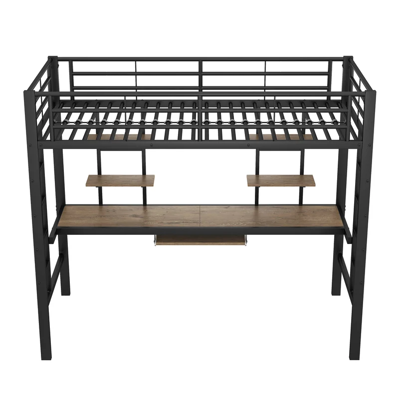 Lit mezzanine simple métal noir avec bureau et étagères 2 cotés 90x200cm INFINITEVORTEX