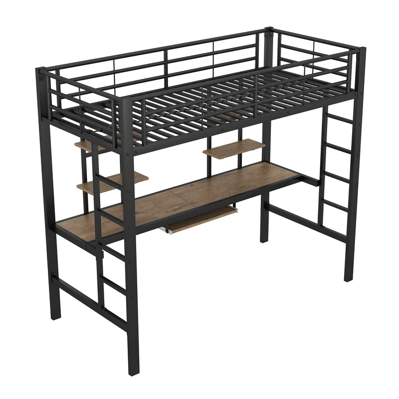 Lit mezzanine simple métal noir avec bureau et étagères 2 cotés 90x200cm INFINITEVORTEX