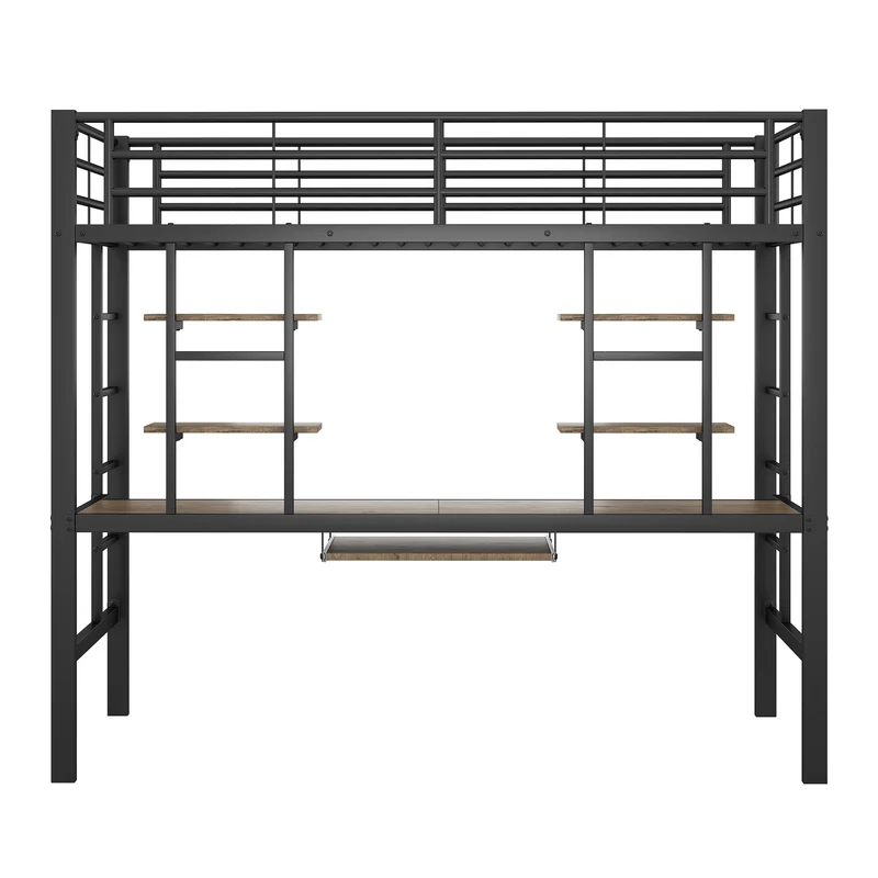 Lit mezzanine simple métal noir avec bureau et étagères 2 cotés 90x200cm INFINITEVORTEX