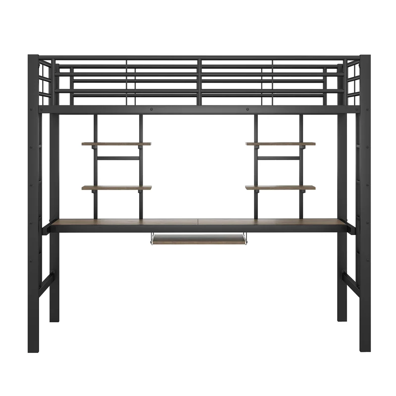 Lit mezzanine simple métal noir avec bureau et étagères 2 cotés 90x200cm INFINITEVORTEX