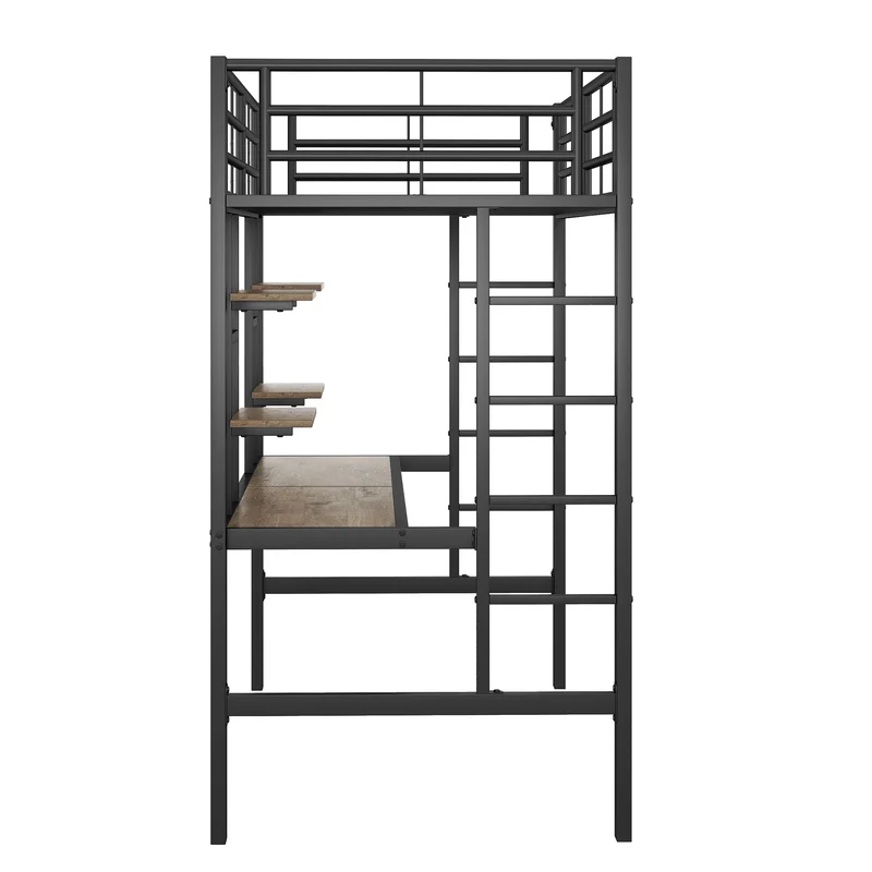 Lit mezzanine simple métal noir avec bureau et étagères 2 cotés 90x200cm INFINITEVORTEX