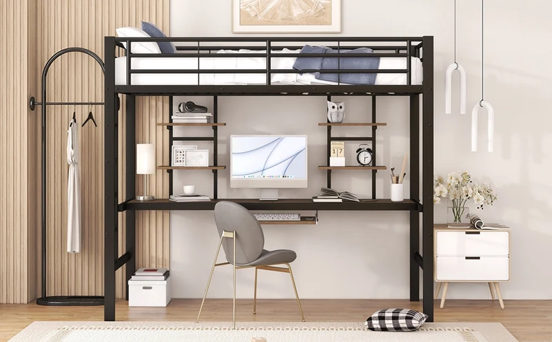 Lit mezzanine simple métal noir avec bureau et étagères 2 cotés 90x200cm INFINITEVORTEX