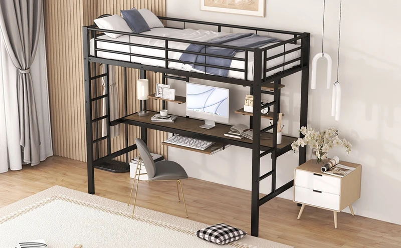 Lit mezzanine simple métal noir avec bureau et étagères 2 cotés 90x200cm INFINITEVORTEX