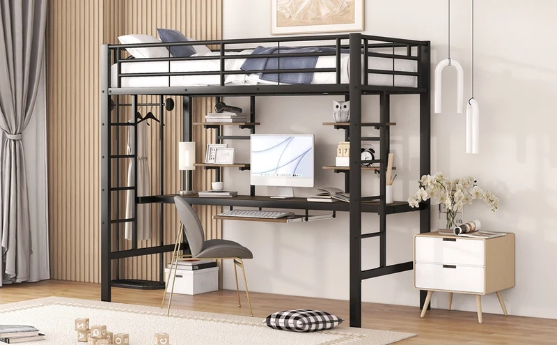 Lit mezzanine simple métal noir avec bureau et étagères 2 cotés 90x200cm INFINITEVORTEX