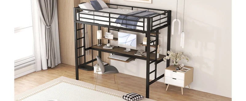 Lit mezzanine simple métal noir avec bureau et étagères 2 cotés 90x200cm INFINITEVORTEX