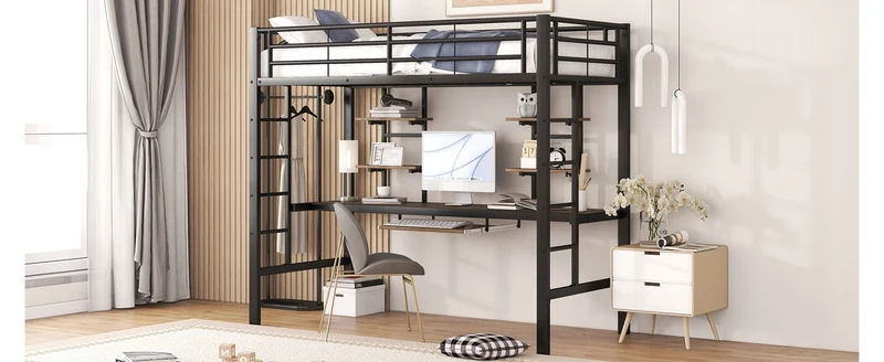 Lit mezzanine simple métal noir avec bureau et étagères 2 cotés 90x200cm INFINITEVORTEX