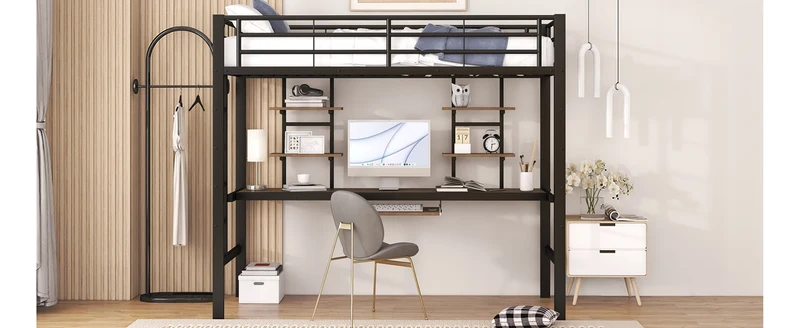 Lit mezzanine simple métal noir avec bureau et étagères 2 cotés 90x200cm INFINITEVORTEX