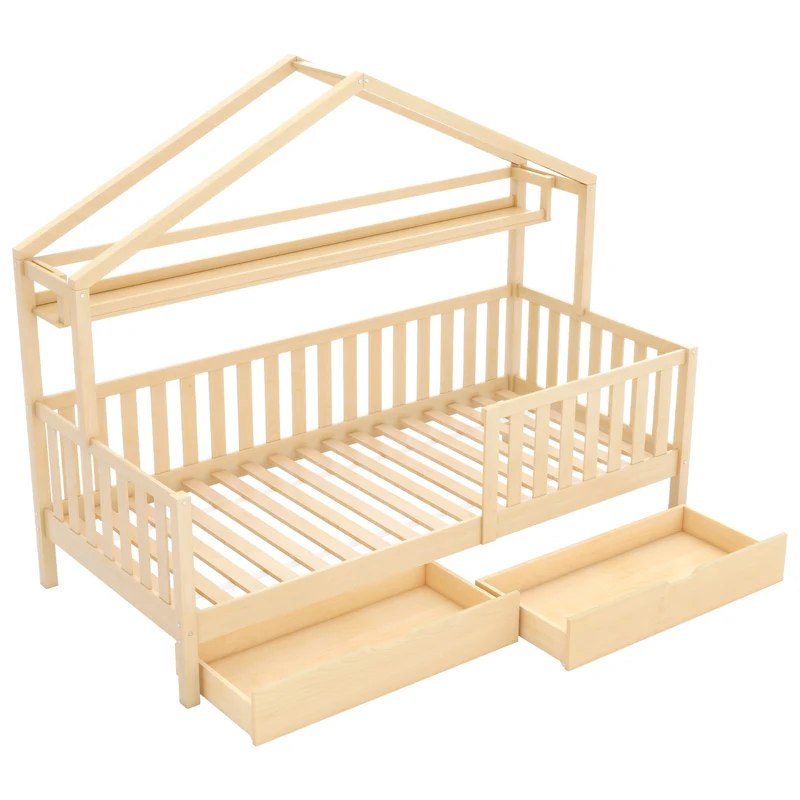 Lit enfant cabane simple en bois massif naturel avec tiroirs et sommier 90x200cm MERIDIANRIFT