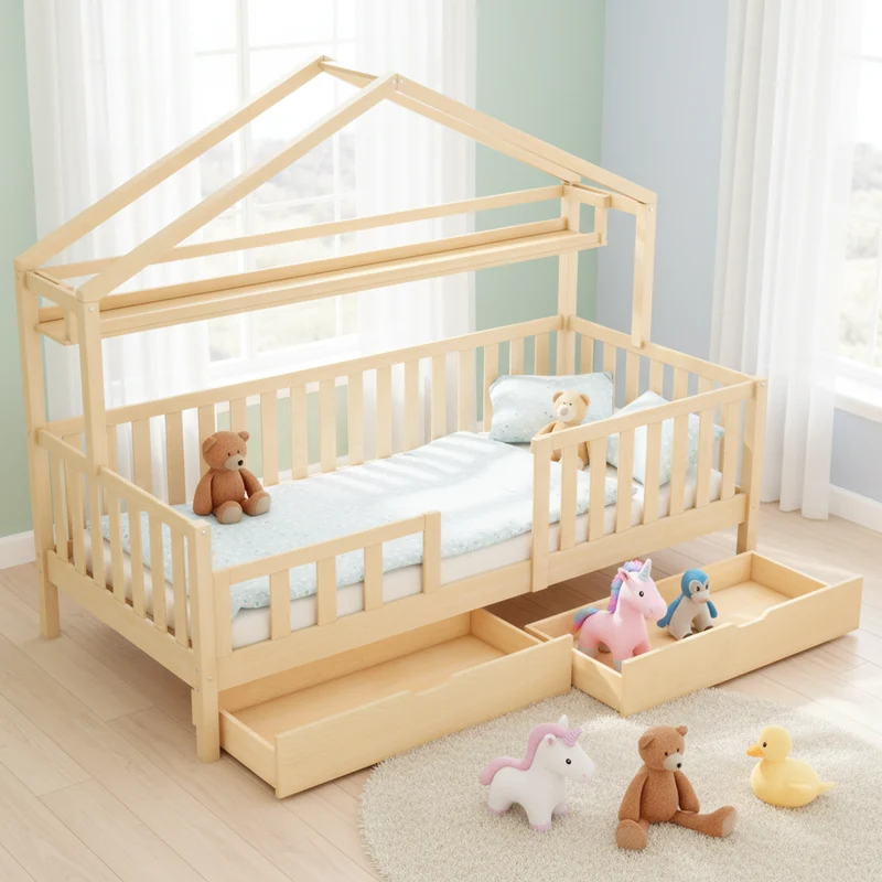 Lit enfant cabane simple en bois massif naturel avec tiroirs et sommier 90x200cm MERIDIANRIFT