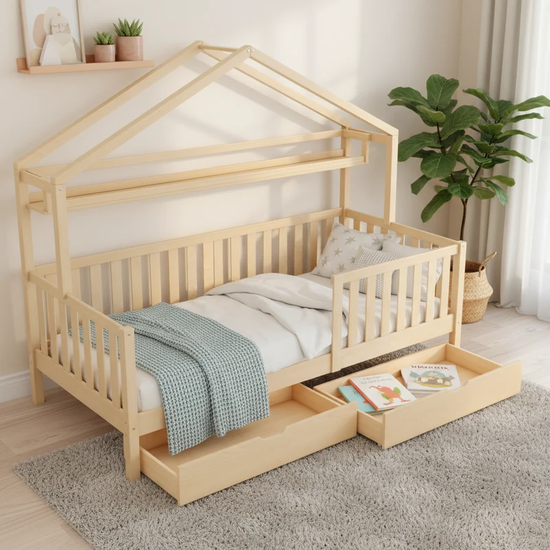 Lit enfant cabane simple en bois massif naturel avec tiroirs et sommier 90x200cm MERIDIANRIFT