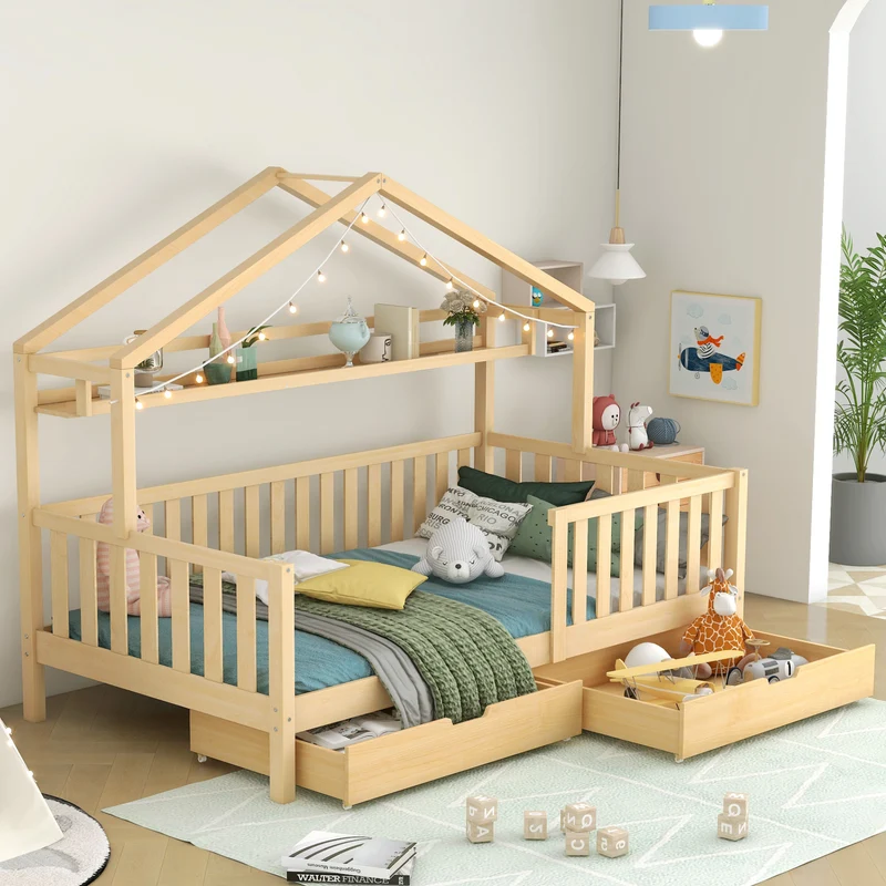 Lit enfant cabane simple en bois massif naturel avec tiroirs et sommier 90x200cm MERIDIANRIFT