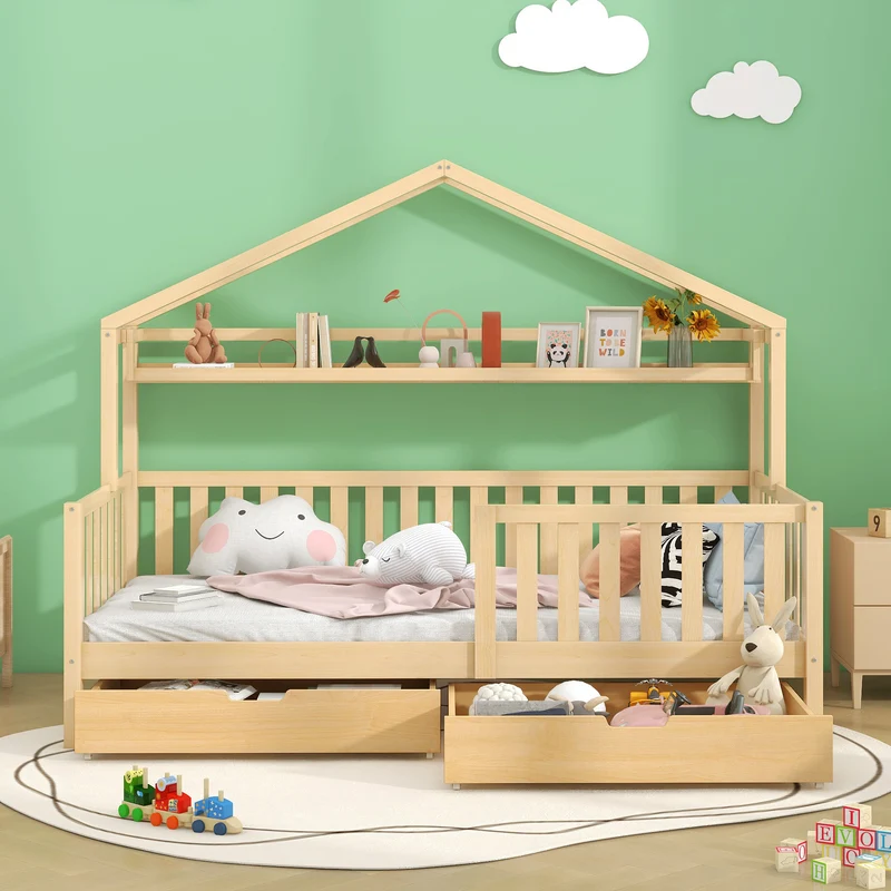 Lit enfant cabane simple en bois massif naturel avec tiroirs et sommier 90x200cm MERIDIANRIFT