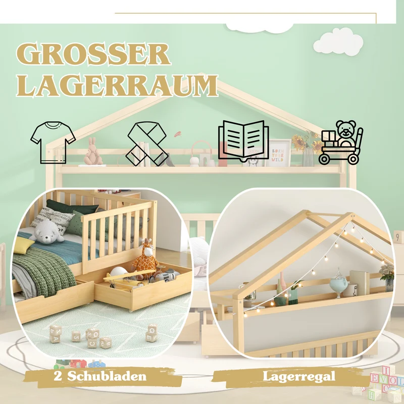 Lit enfant cabane simple en bois massif naturel avec tiroirs et sommier 90x200cm MERIDIANRIFT