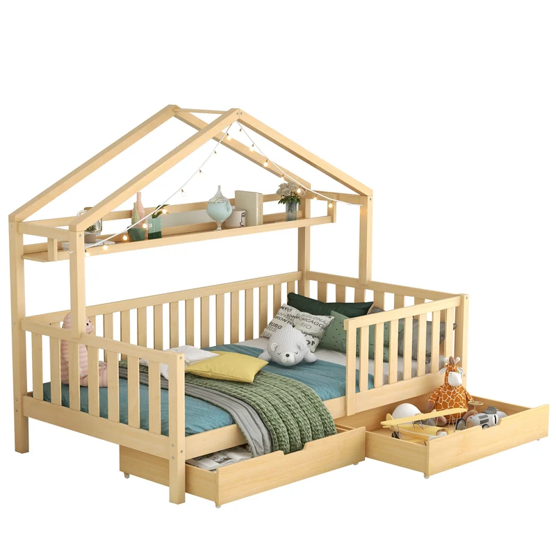 Lit enfant cabane simple en bois massif naturel avec tiroirs et sommier 90x200cm MERIDIANRIFT