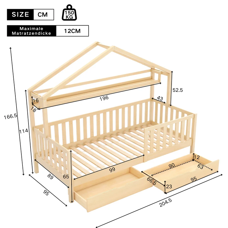 Lit enfant cabane simple en bois massif naturel avec tiroirs et sommier 90x200cm MERIDIANRIFT
