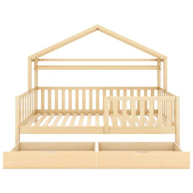 Lit enfant cabane simple en bois massif naturel avec tiroirs et sommier 90x200cm MERIDIANRIFT