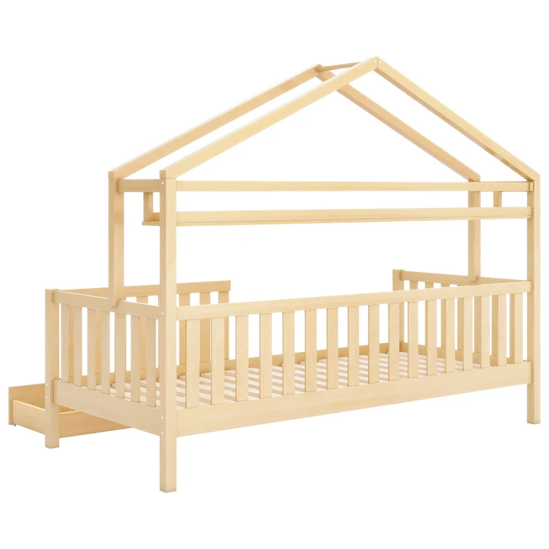 Lit enfant cabane simple en bois massif naturel avec tiroirs et sommier 90x200cm MERIDIANRIFT