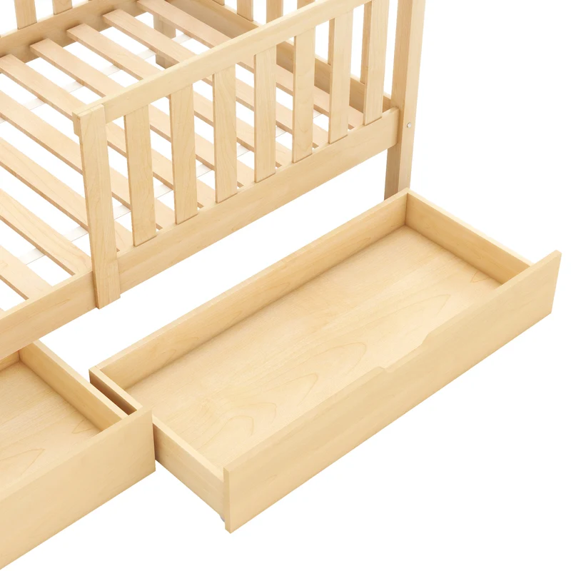 Lit enfant cabane simple en bois massif naturel avec tiroirs et sommier 90x200cm MERIDIANRIFT
